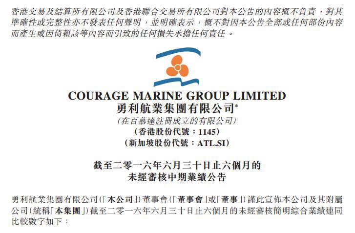 香港散貨船東勇利航業(yè)上半年虧2035萬人民幣